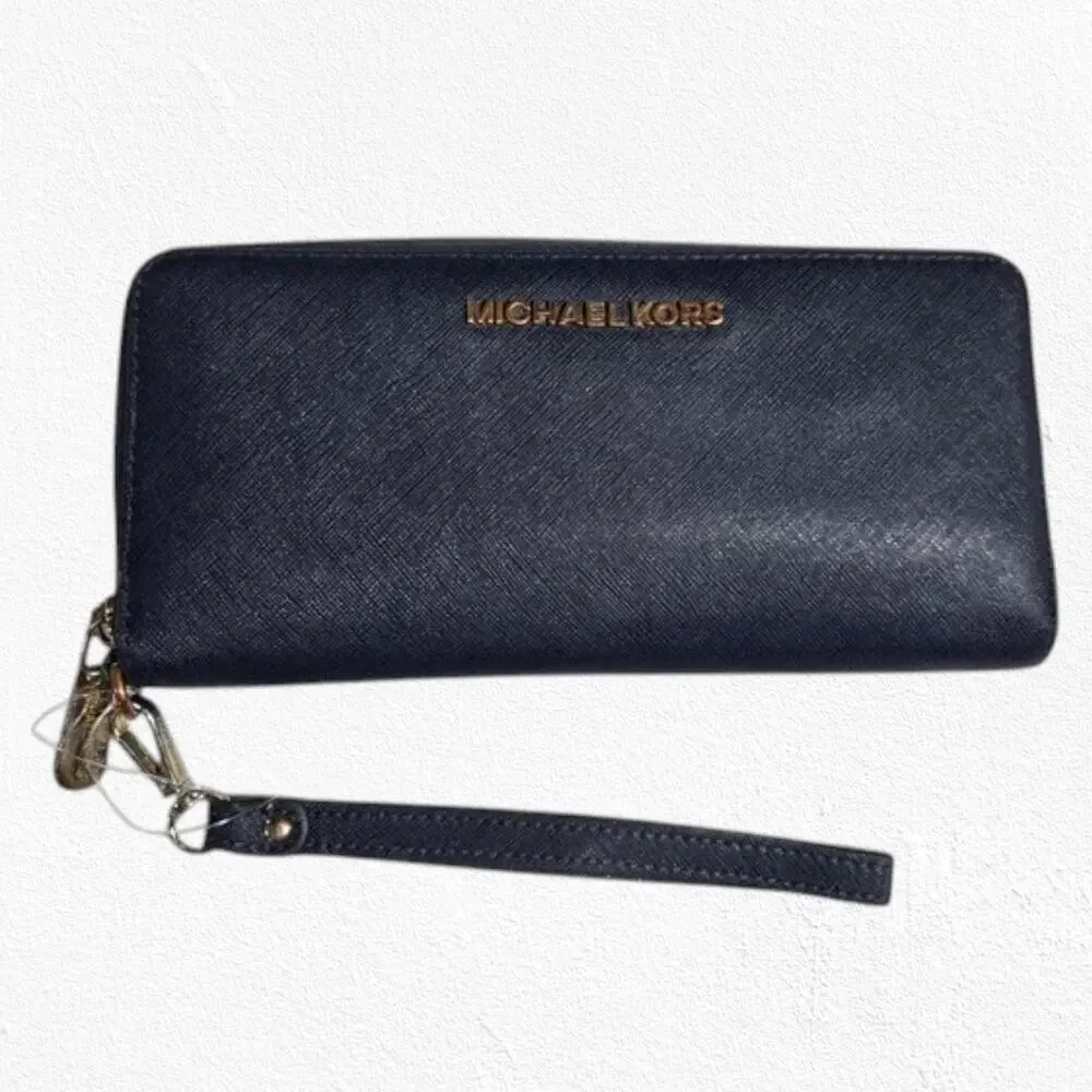 Michael Kors Navy Blue Leather Continental Wristlet Timeless Zip Around Wallet